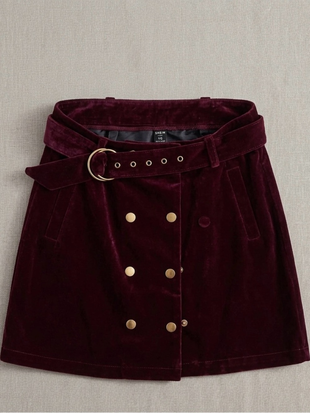 SHEIN Burgundy Velvet Double-Breasted Mini Skirt with Belt